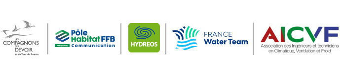 Logos partenaires : Les Compagnons du Devoir, Pôle Habitat FFB, Hydreos, France Water Team, AICVF